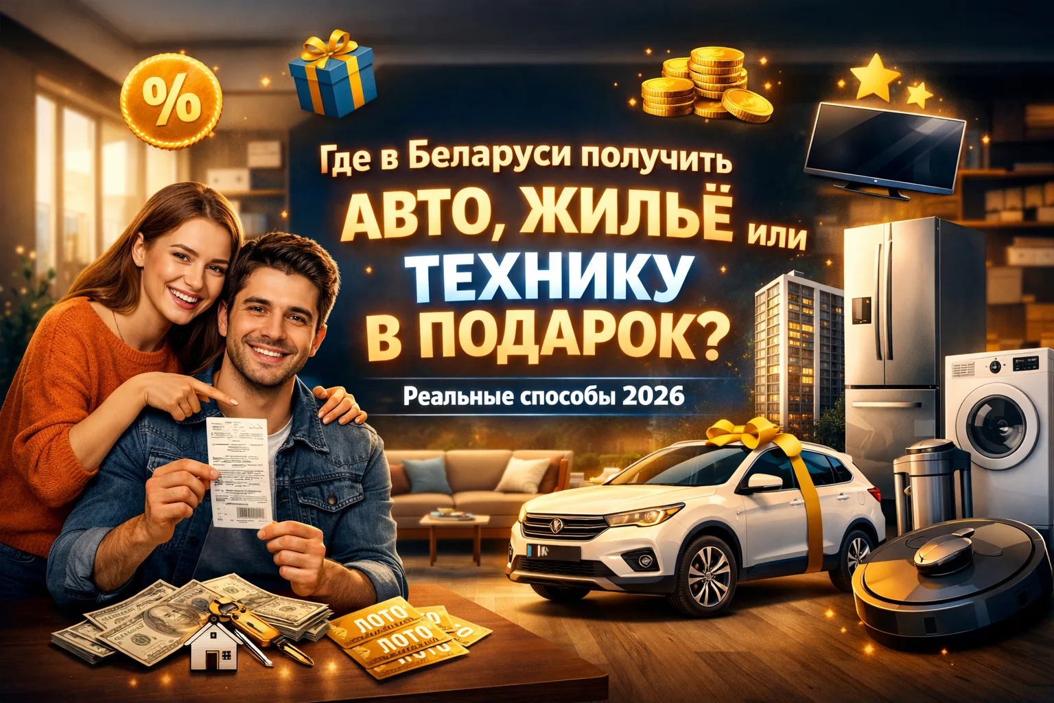 Где в Беларуси получить авто, квартиру или технику в подарок 2026, акция с розыгрышем машины, жилья и бытовой техники, счастливые победители с чеком и призами