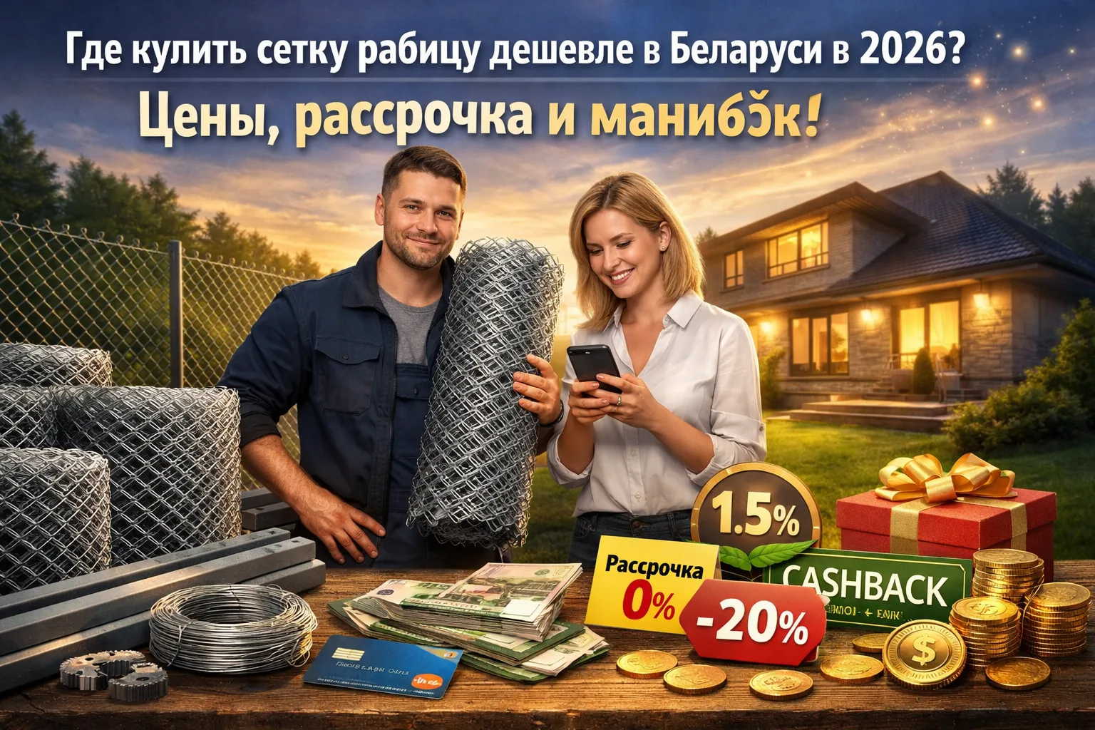 Сетка рабица для забора в Беларуси, выгодная покупка с рассрочкой, скидками и кэшбэком, рулоны сетки и материалы на фоне частного дома
