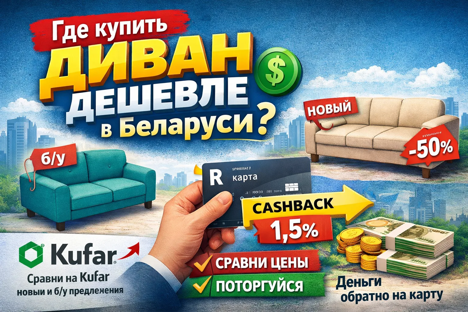 Где купить диван дешевле в Беларуси: сравнение новых и б у диванов, скидки до 50%, кэшбэк 1.5%, выгодные предложения на Kufar и экономия при покупке мебели