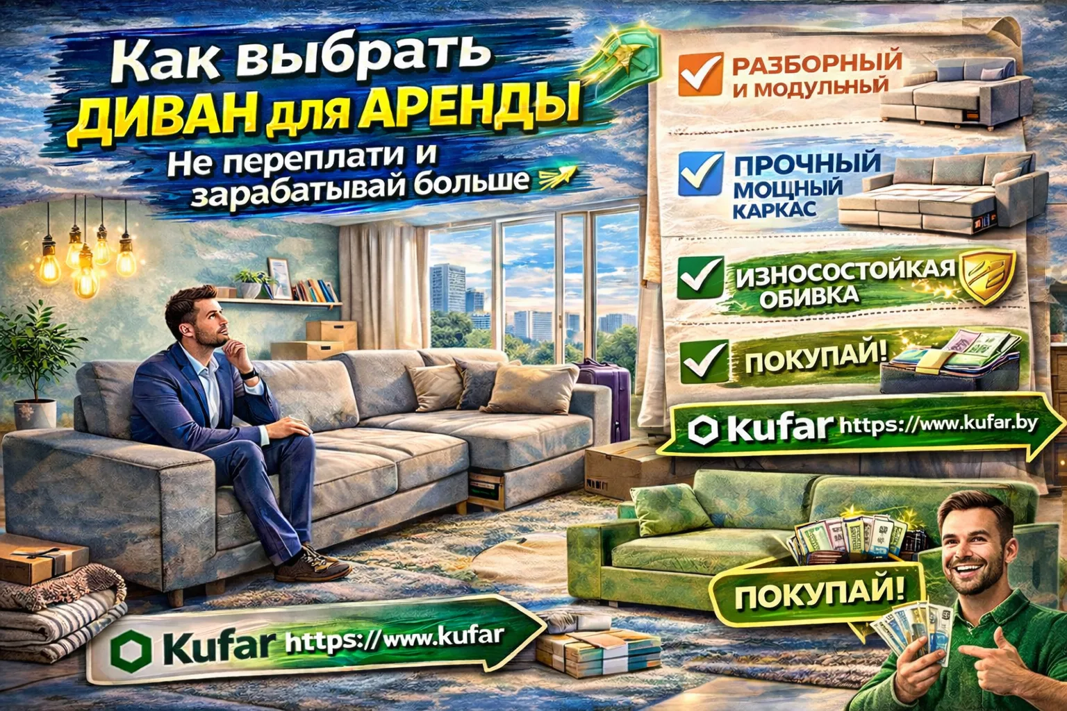 Яркий рекламный баннер про выбор дивана для аренды с заголовком «Как выбрать диван для аренды», изображениями разных диванов, иконками выгод, деньгами и картой с кэшбэком, акцентом на экономию, прочность, разборную конструкцию и возможностью торговаться на Kufar