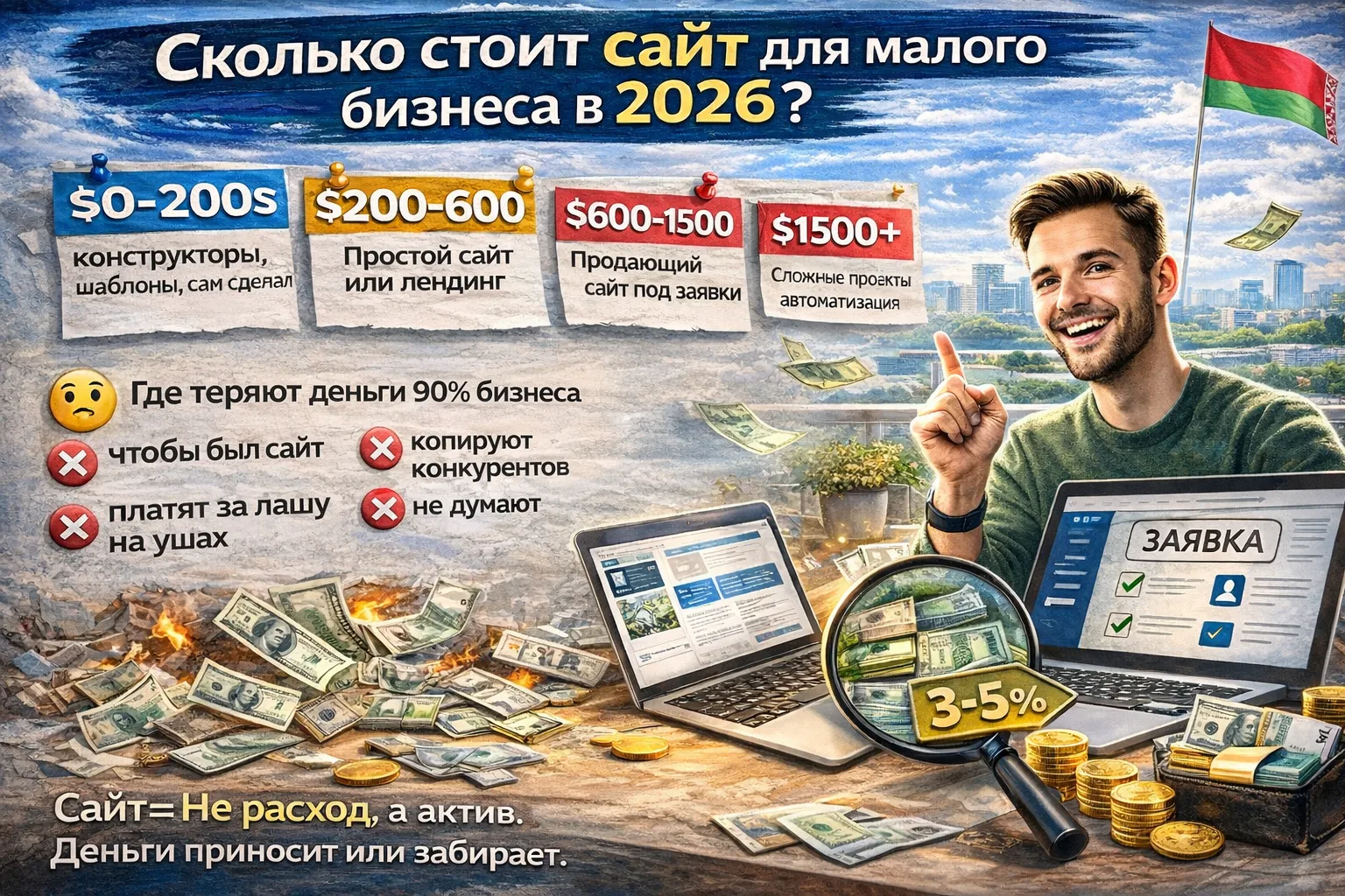 Инфографика про стоимость сайта для малого бизнеса в 2026 году с диапазонами цен от 0 до 1500+, исправленными подписями «простой сайт» и «продающий сайт», ошибками бизнеса и акцентом на экономию и возврат денег