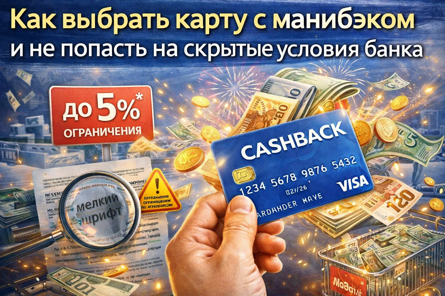 Банковская карта с манибэком в руке, вокруг деньги и монеты, выделены условия до 5% и предупреждение про мелкий шрифт, визуал про выбор карты без скрытых комиссий и выгодный кэшбэк в Беларуси