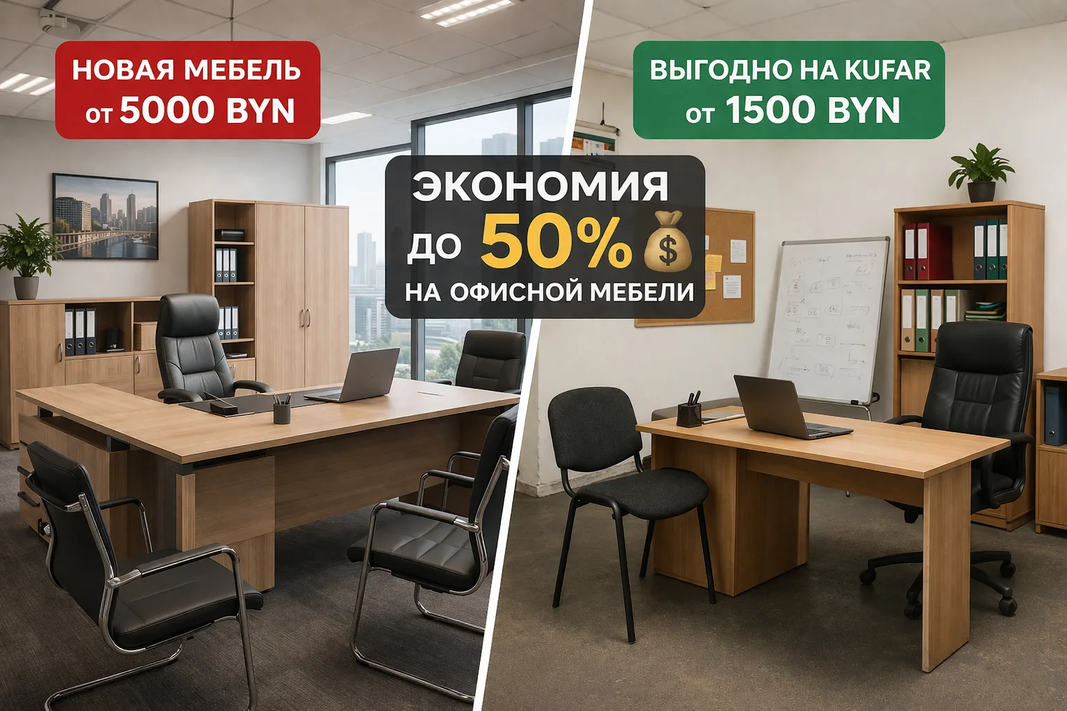 Два офисных пространства в сравнении, слева минималистичный кабинет с базовой мебелью, справа более дорогой офис с кожаным креслом и дизайнерским столом, показана разница подхода и бюджета