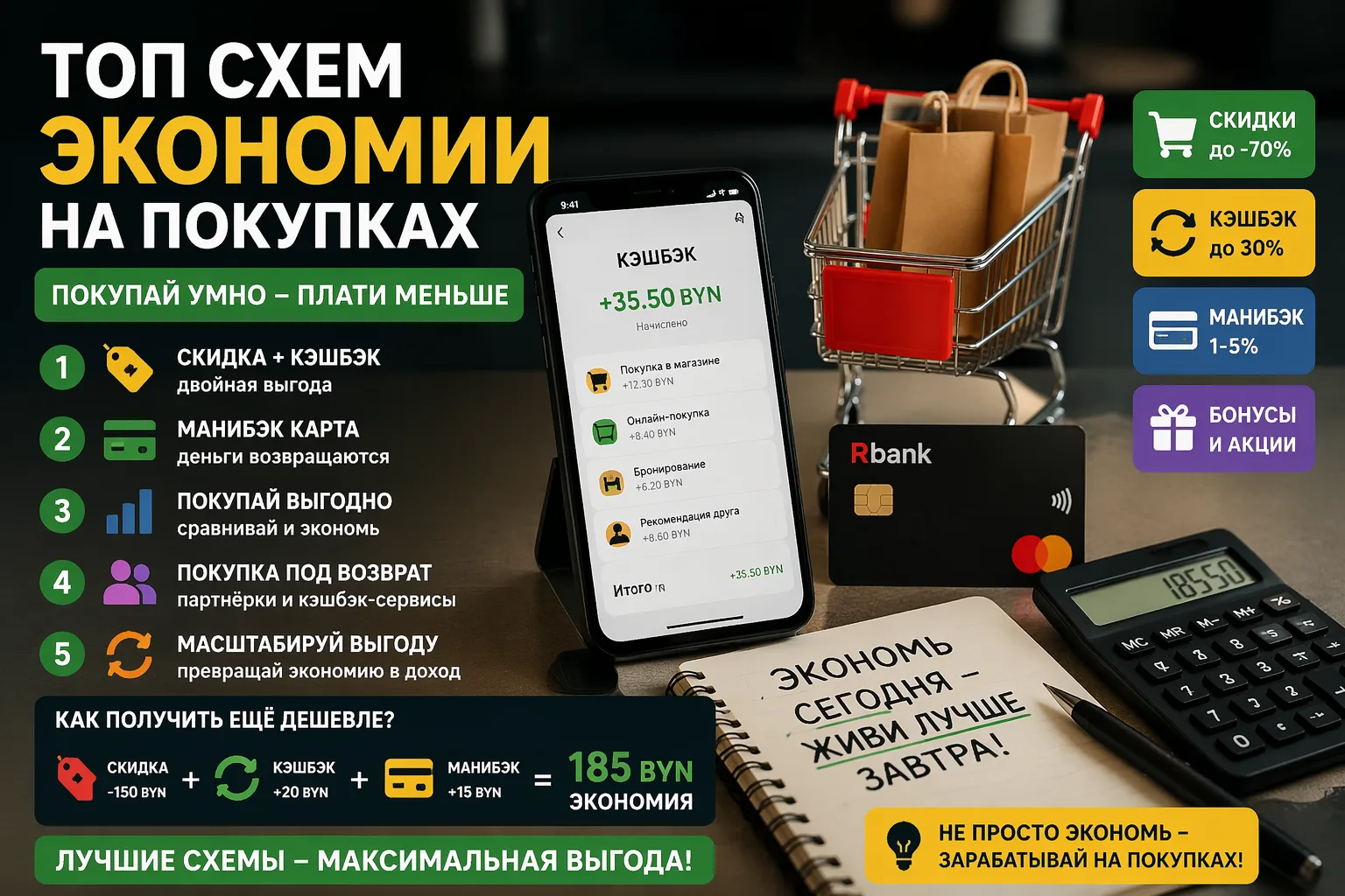Инфографика о схемах экономии на покупках с кэшбэком и манибэком, смартфон с начисленным возвратом денег, банковская карта, корзина с товарами и расчет общей выгоды в рублях