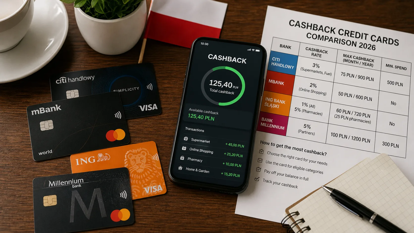 Сравнение кэшбэк-кредитных карт Citi Handlowy, mBank, ING, Millennium в Польше на 2026 год, инфографика