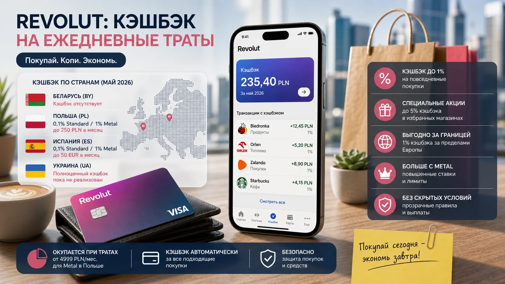 Сравнительная таблица кэшбэка Revolut по странам Беларусь, Польша, Испания, Украина с указанием ставок и условий
