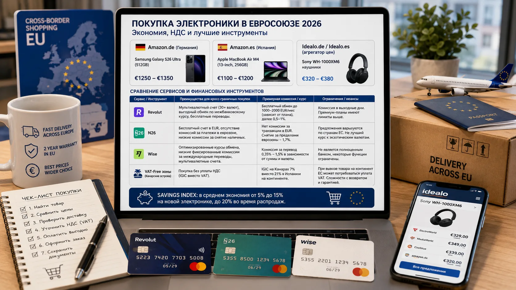 Инфографика с элементами электроники (ноутбук, смартфон, наушники), символизирующая кросс-граничные покупки в ЕС, с указанием флагов стран и знаков валюты Евро.