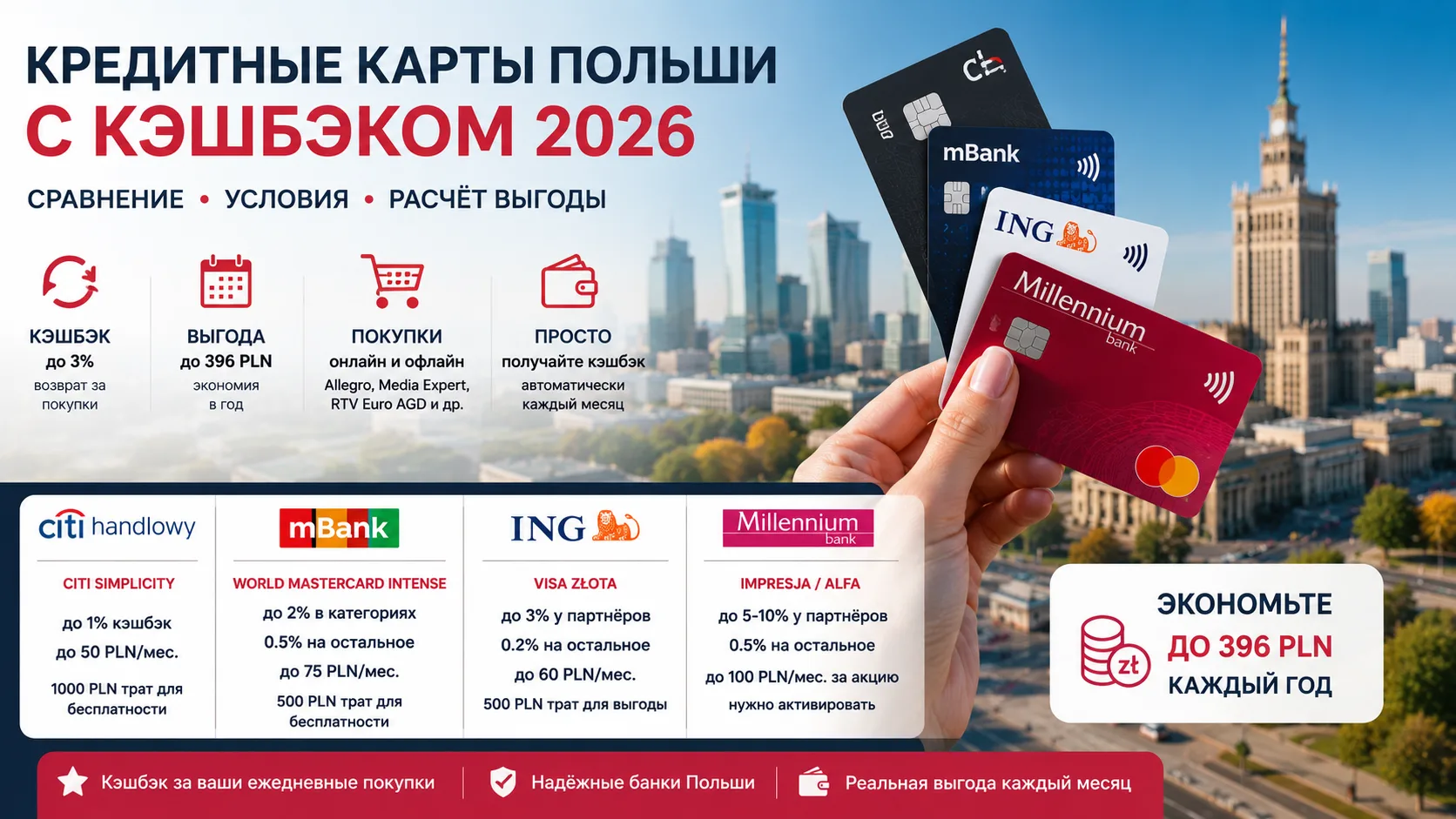 Сравнение кэшбэка кредитных карт Польши 2026: Citi, mBank, ING, Millennium, таблица