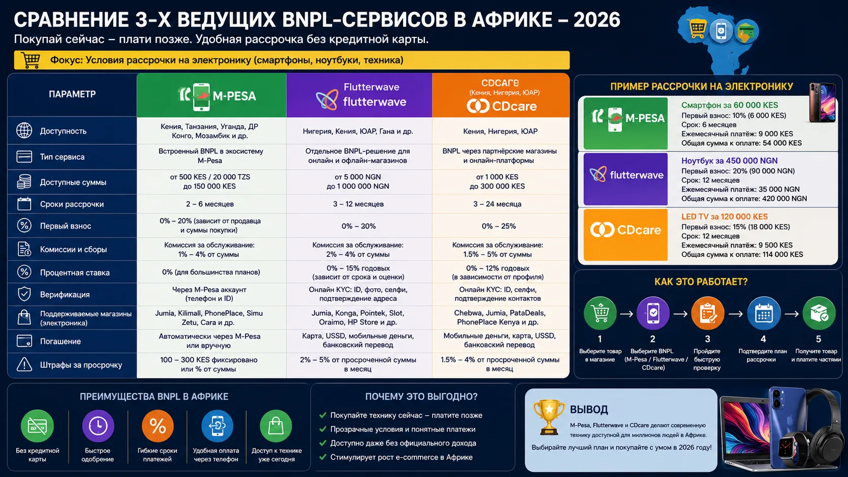 Сравнение трех ведущих BNPL-сервисов для африканского рынка в 2026 году: M-Pesa, Flutterwave, CDcare, с указанием условий рассрочки для электроники.