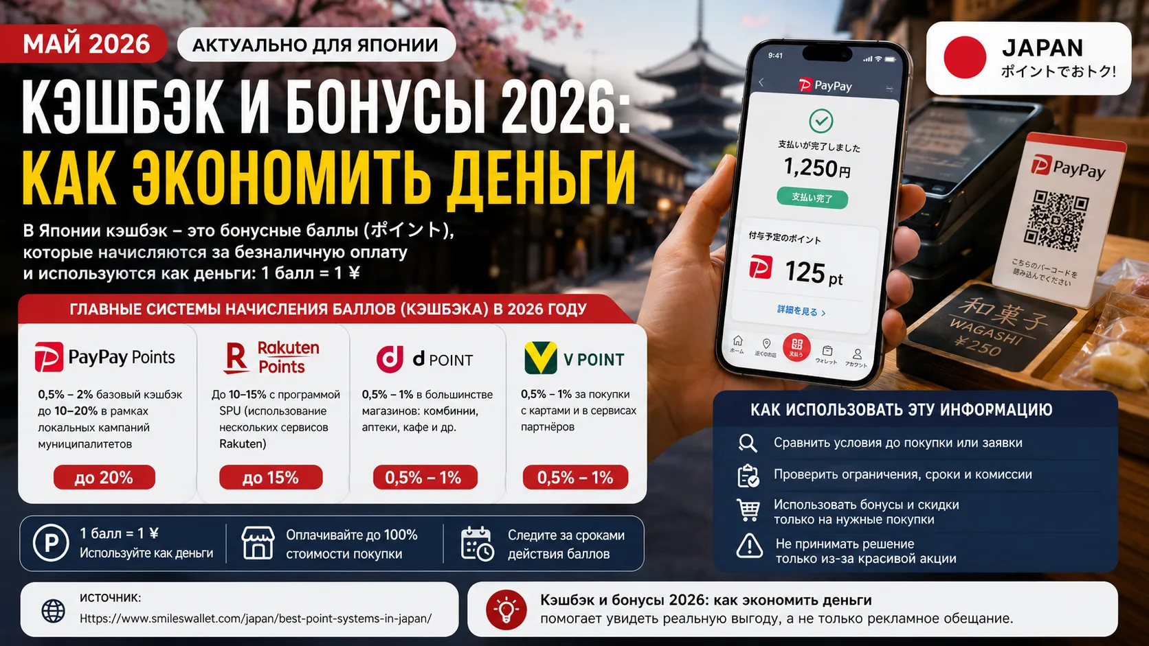 Инфографика 16:9 о кэшбэке и бонусах в Японии в 2026 году: PayPay Points, Rakuten Points, d Point и V Point, смартфон с QR оплатой, японский город на фоне, сравнение бонусных систем и способов экономии денег.