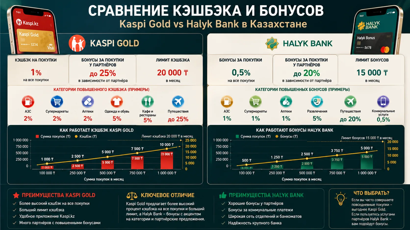 Сравнение условий кэшбэка и бонусов Kaspi Gold и Halyk Bank в Казахстане, графики с процентами и лимитами