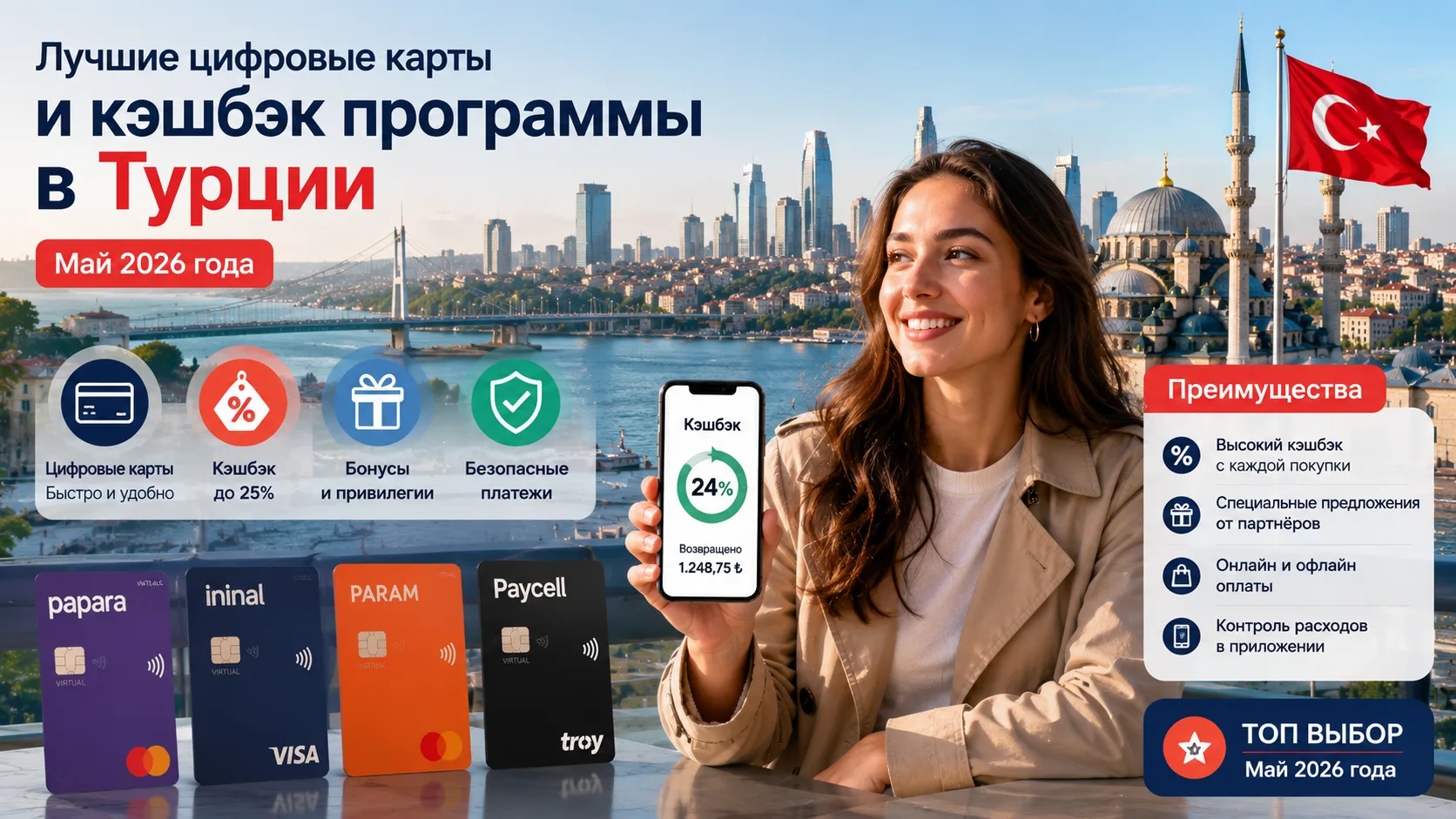 Лучшие цифровые карты и кэшбэк программы в Турции в мае 2026 года на фоне современного Стамбула