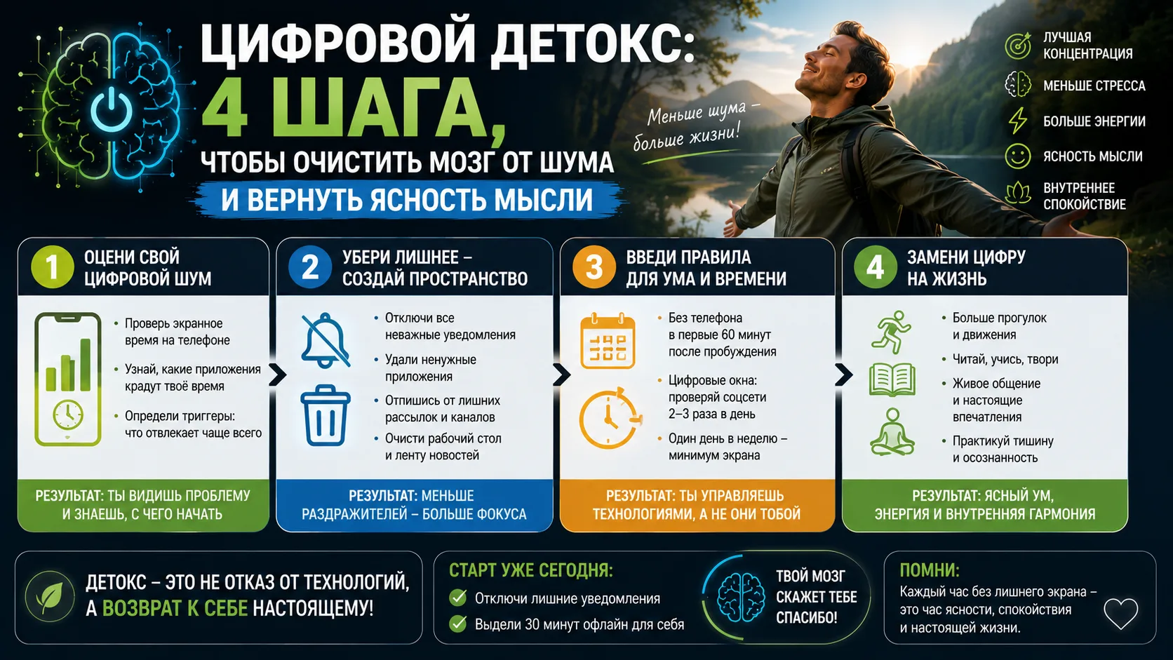 Цифровой детокс: 4 шага, чтобы очистить мозг от шума и вернуть ясность мысли