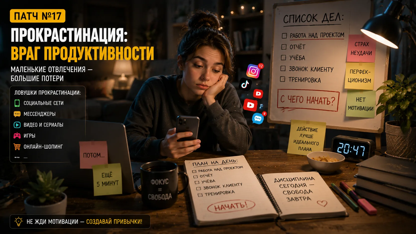 Патч №17: Как перестать прокрастинировать дома: эффективные стратегии и советы