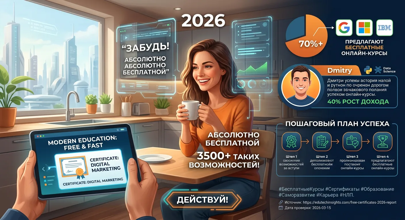 Счастливый человек с ноутбуком, пьющий кофе, на фоне множества сертификатов и иллюстраций успеха. Бесплатные курсы и сертификаты 2026.