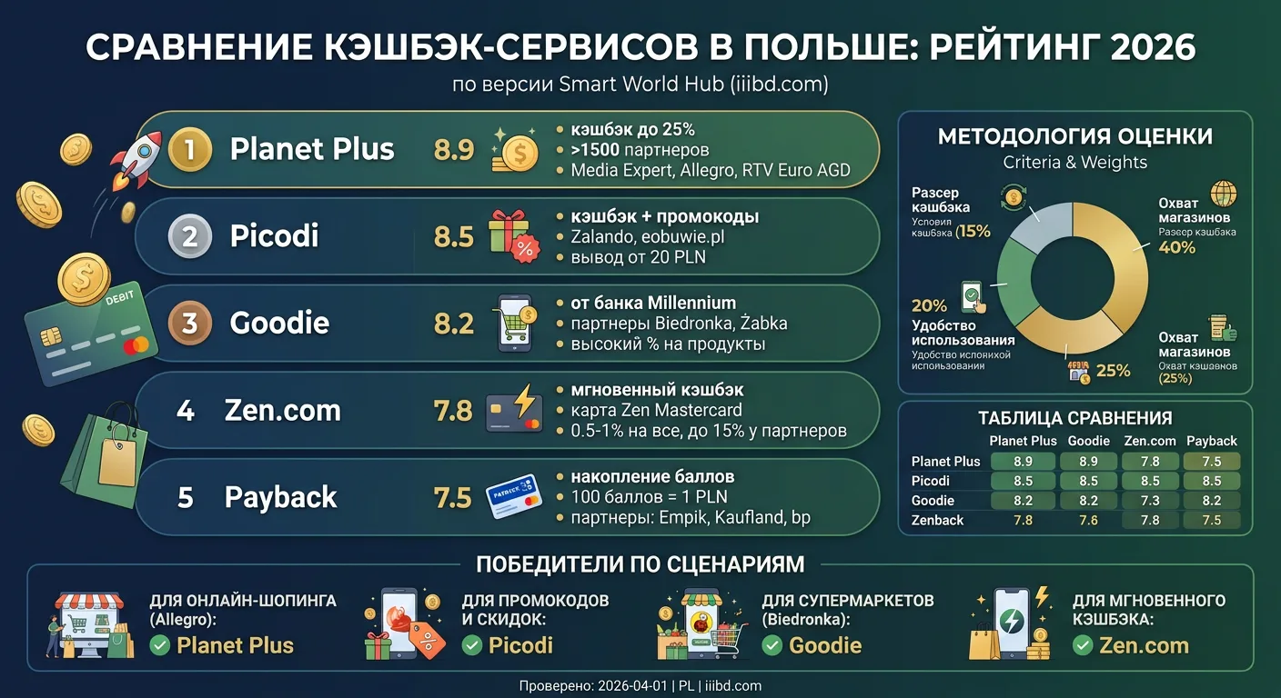 Сравнительная таблица кэшбэк-приложений в Польше 2026, график выгоды, рейтинг экономии на злотый, логотипы Planet Plus, Picodi, Goodie, Zen.com, Payback